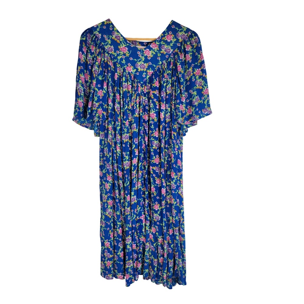 Vintage Floral Loose Fit Midi Dress Royal Blue Size Small Petite‎ Maternity
